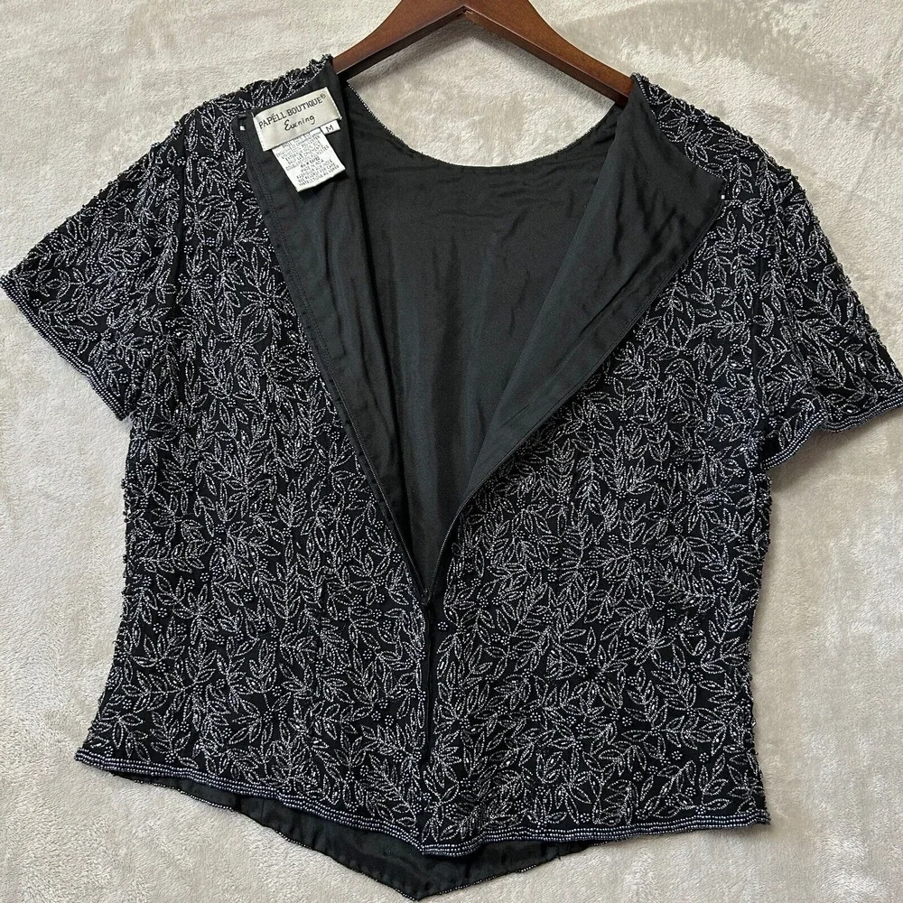 Adrianna Papell Silk‎ Top Formal Black Beaded Medium Embellished Zip Fairy Goth